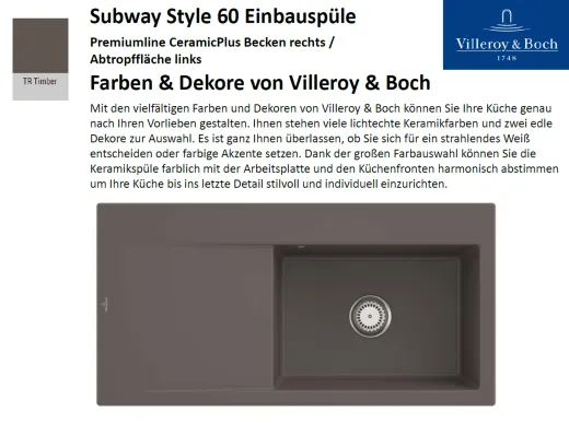 Villeroy & Boch SUBWAY STYLE 60 BR-Premiumline Einbausple / Keramiksple in Sonder Farben