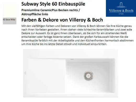 Villeroy & Boch SUBWAY STYLE 60 BR-Premiumline Einbausple / Keramiksple in Sonder Farben