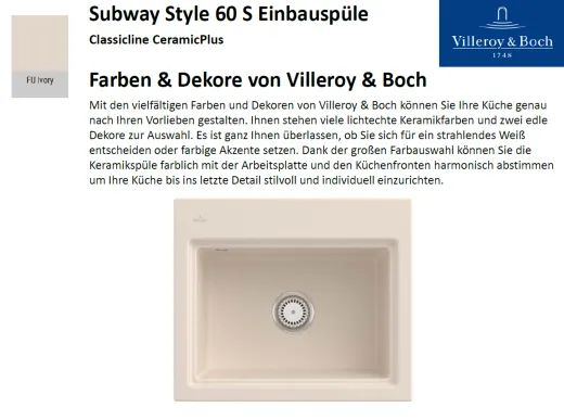 Villeroy & Boch SUBWAY STYLE 60 S-Classicline Einbausple / Keramiksple in Standard Farben
