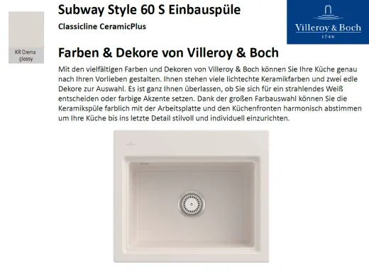 Villeroy & Boch SUBWAY STYLE 60 S-Classicline Einbausple / Keramiksple in Standard Farben