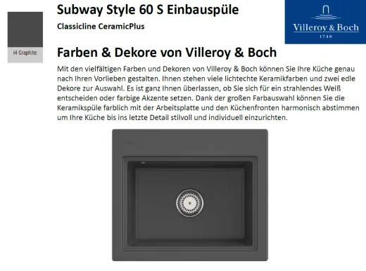 Villeroy & Boch SUBWAY STYLE 60 S-Classicline Einbausple / Keramiksple in Standard Farben