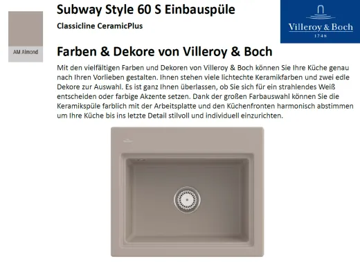Villeroy & Boch SUBWAY STYLE 60 S-Classicline Einbausple / Keramiksple in Standard Farben