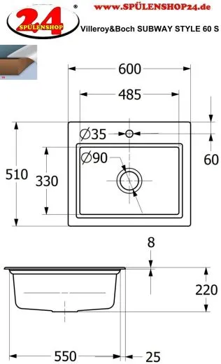 Villeroy & Boch SUBWAY STYLE 60 S-Premiumline Einbausple / Keramiksple in Sonder Farben