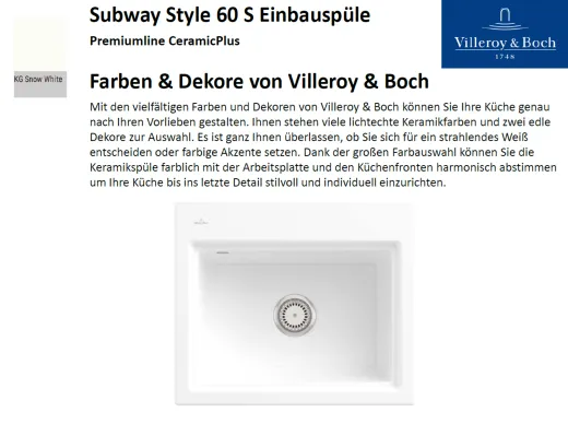 Villeroy & Boch SUBWAY STYLE 60 S-Premiumline Einbausple / Keramiksple in Sonder Farben