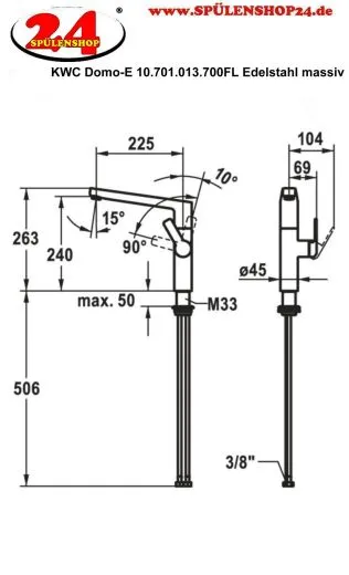 KWC Kchenarmatur Domo E 10.701.013.700FL Einhebelmischer Edelstahl massiv mit Festauslauf (124936)