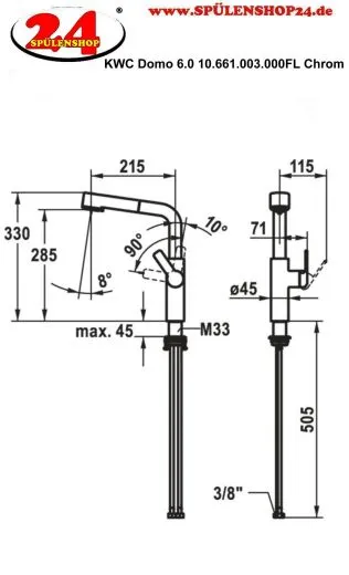KWC Kchenarmatur Domo 6.0 10.661.003.000FL Einhebelmischer Chrom mit Zugauslauf und Brausefunktion (124928)