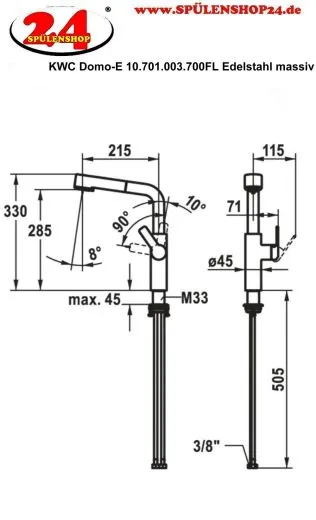 KWC Kchenarmatur Domo E 10.701.003.700FL Einhebelmischer Edelstahl massiv mit Zugauslauf und Brausefunktion (124937)