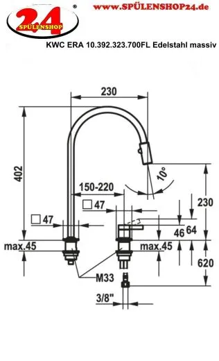 KWC Kchenarmatur Era 10.392.323.700FL Einhebelmischer Edelstahl massiv mit Zugauslauf 2-Loch Montage (124405)