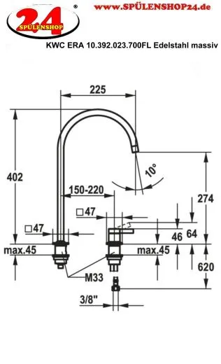 KWC Kchenarmatur Era 10.392.023.700FL Einhebelmischer Edelstahl massiv mit Festauslauf 2-Loch Montage (124396)