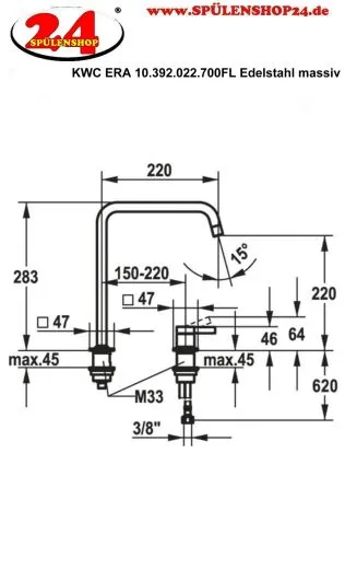 KWC Kchenarmatur Era 10.392.022.700FL Einhebelmischer Edelstahl massiv mit Festauslauf 2-Loch Montage (124402)