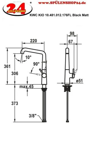 KWC Kchenarmatur Kio 10.481.012.176FL Einhebelmischer Matt Black mit Festauslauf (125200)