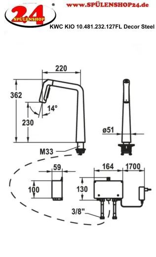 KWC Kchenarmatur Kio 10.481.232.127FL IntelligentControl - Elektronische Steuerung Decor Steel mit Zugauslauf und Brausefunktion (125195)