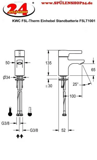 KWC PROFESSIONAL F5L Therm Thermostat Einhebel-Standbatterie F5LT1001 DN 15 Vorrichtung fr die optionale Hygieneeinheit