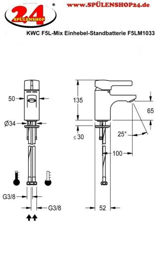 KWC PROFESSIONAL F5L-Mix Einhebel-Standbatterie F5LM1033 DN 15 fr Waschanlagen Vorrichtung fr die optionale Hygieneeinheit