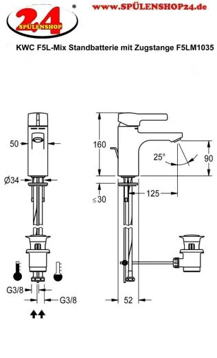 KWC PROFESSIONAL F5L-Mix Einhebel-Standbatterie F5LM1035 DN 15 fr Waschanlagen mit Zugstange