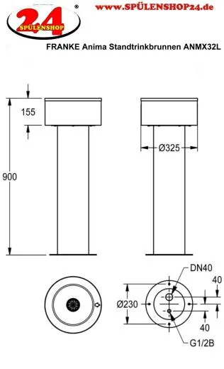 KWC PROFESSIONAL Anima Standtrinkbrunnen ANMX32L ohne berlauf mit runder Standsule zur freistehenden Montage
