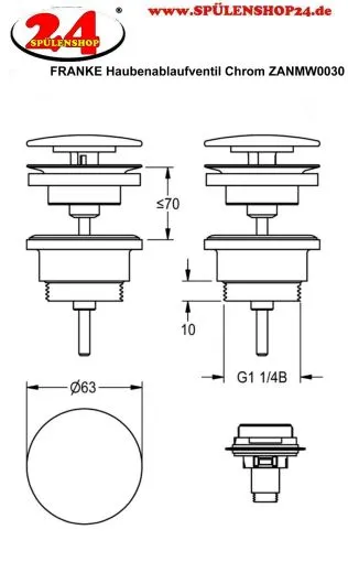 KWC PROFESSIONAL Haubenablaufventil ZANMW0030 verchromt passend QUADROtop, RONDAtop Aufsatzwaschtischen sowie QUADRO-FX