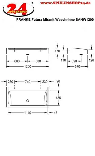 KWC PROFESSIONAL Futura exklusiv Waschrinne SANW1200 MIRANIT fr Wandmontage oder freistehende doppelreihige Montage (1200mm)