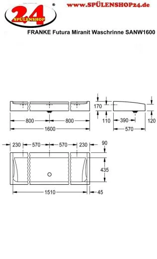 KWC PROFESSIONAL Futura exklusiv Waschrinne SANW1600 MIRANIT fr Wandmontage oder freistehende doppelreihige Montage (1600mm)