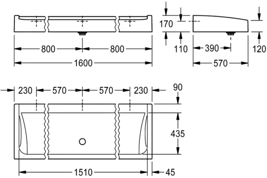 KWC PROFESSIONAL Futura exklusiv Waschrinne SANW1600 MIRANIT fr Wandmontage oder freistehende doppelreihige Montage (1600mm)