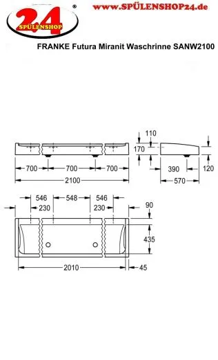 KWC PROFESSIONAL Futura exklusiv Waschrinne SANW2100 MIRANIT fr Wandmontage oder freistehende doppelreihige Montage (2100mm)