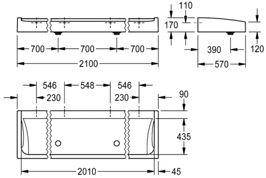 KWC PROFESSIONAL Futura exklusiv Waschrinne SANW2100 MIRANIT fr Wandmontage oder freistehende doppelreihige Montage (2100mm)