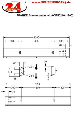 KWC PROFESSIONAL Armatureneinheit AQFU0216 fr die Wandmontage fr 2 Waschpltze Breite Waschplatz 600mm (Lnge 1200mm)