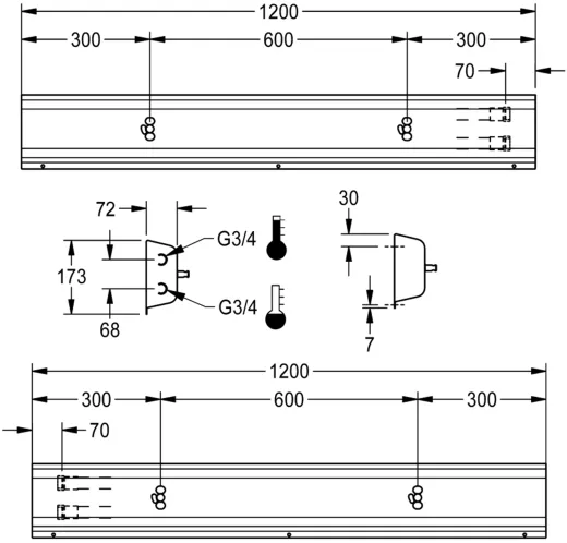 KWC PROFESSIONAL Armatureneinheit AQFU0216 fr die Wandmontage fr 2 Waschpltze Breite Waschplatz 600mm (Lnge 1200mm)