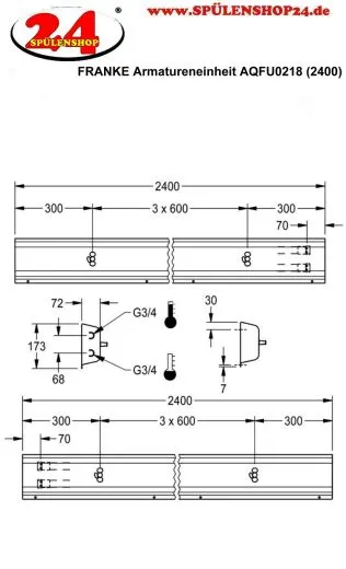 KWC PROFESSIONAL Armatureneinheit AQFU0218 fr die Wandmontage fr 4 Waschpltze Breite Waschplatz 600mm (Lnge 2400mm)