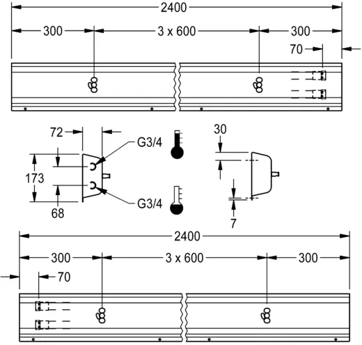 KWC PROFESSIONAL Armatureneinheit AQFU0218 fr die Wandmontage fr 4 Waschpltze Breite Waschplatz 600mm (Lnge 2400mm)