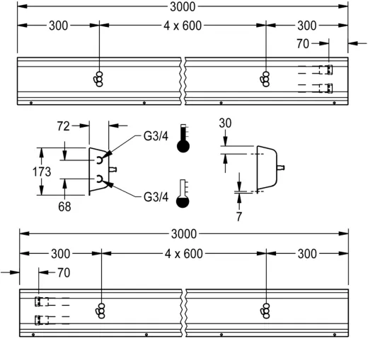 KWC PROFESSIONAL Armatureneinheit AQFU0219 fr die Wandmontage fr 5 Waschpltze Breite Waschplatz 600mm (Lnge 3000mm)