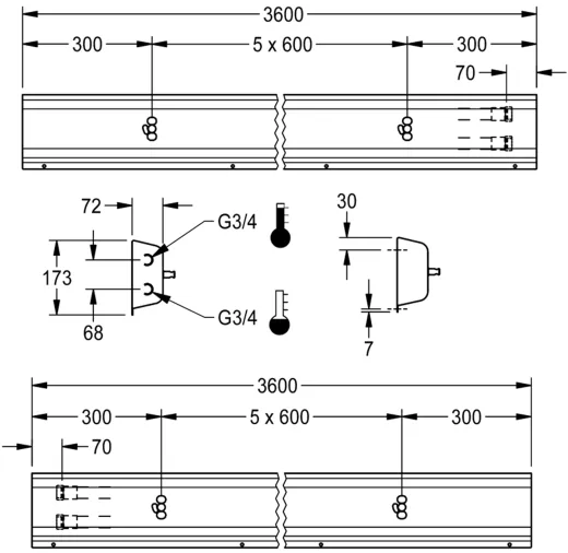 KWC PROFESSIONAL Armatureneinheit AQFU0220 fr die Wandmontage fr 6 Waschpltze Breite Waschplatz 600mm (Lnge 3600mm)