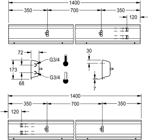 KWC PROFESSIONAL Armatureneinheit AQFU0221 fr die Wandmontage fr 2 Waschpltze Breite Waschplatz 700mm (Lnge 1400mm)