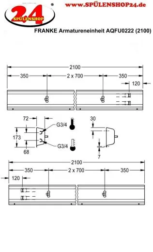 KWC PROFESSIONAL Armatureneinheit AQFU0222 fr die Wandmontage fr 3 Waschpltze Breite Waschplatz 700mm (Lnge 2100mm)