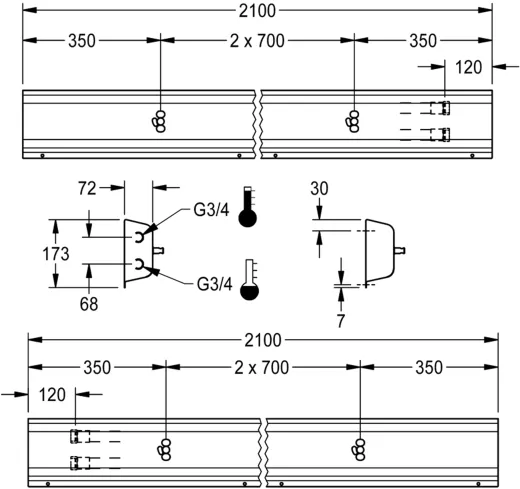 KWC PROFESSIONAL Armatureneinheit AQFU0222 fr die Wandmontage fr 3 Waschpltze Breite Waschplatz 700mm (Lnge 2100mm)
