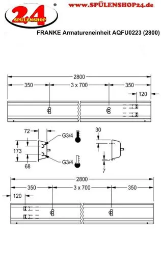 KWC PROFESSIONAL Armatureneinheit AQFU0223 fr die Wandmontage fr 4 Waschpltze Breite Waschplatz 700mm (Lnge 2800mm)