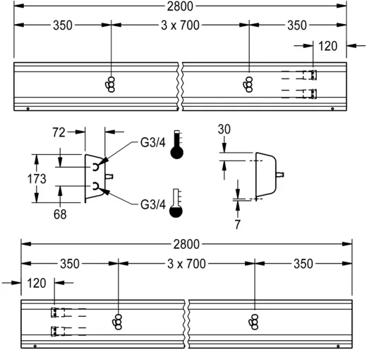 KWC PROFESSIONAL Armatureneinheit AQFU0223 fr die Wandmontage fr 4 Waschpltze Breite Waschplatz 700mm (Lnge 2800mm)