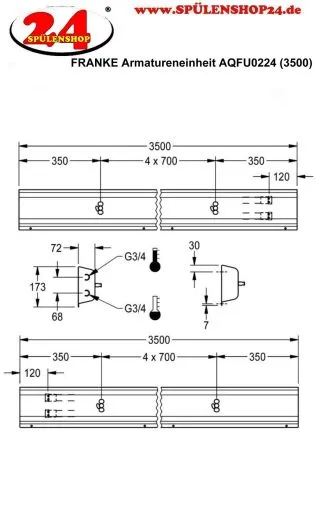 KWC PROFESSIONAL Armatureneinheit AQFU0224 fr die Wandmontage fr 5 Waschpltze Breite Waschplatz 700mm (Lnge 3500mm)
