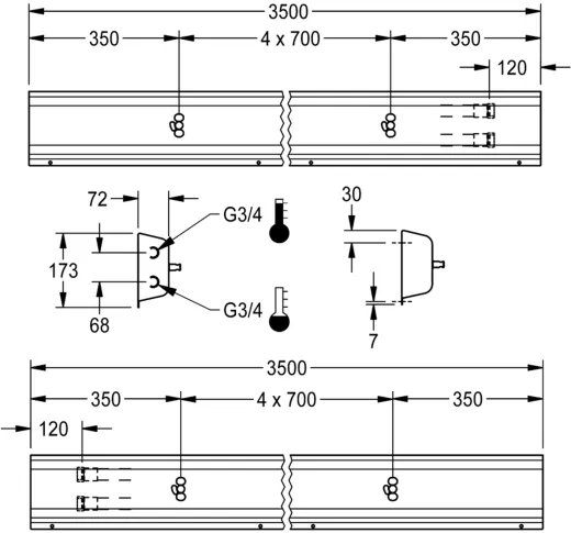 KWC PROFESSIONAL Armatureneinheit AQFU0224 fr die Wandmontage fr 5 Waschpltze Breite Waschplatz 700mm (Lnge 3500mm)