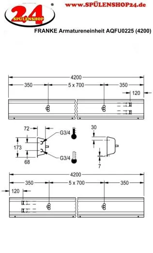 KWC PROFESSIONAL Armatureneinheit AQFU0225 fr die Wandmontage fr 6 Waschpltze Breite Waschplatz 700mm (Lnge 4200mm)