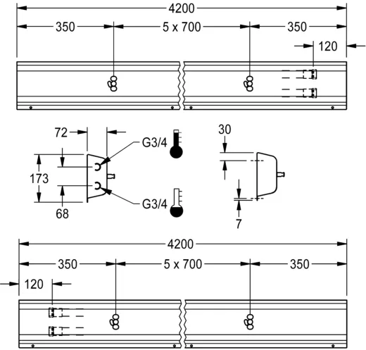 KWC PROFESSIONAL Armatureneinheit AQFU0225 fr die Wandmontage fr 6 Waschpltze Breite Waschplatz 700mm (Lnge 4200mm)