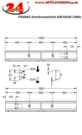 KWC PROFESSIONAL Armatureneinheit AQFU0226 fr die Wandmontage fr 2 Waschpltze Breite Waschplatz 800mm (Lnge 1600mm)