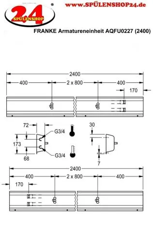 KWC PROFESSIONAL Armatureneinheit AQFU0227 fr die Wandmontage fr 3 Waschpltze Breite Waschplatz 800mm (Lnge 2400mm)