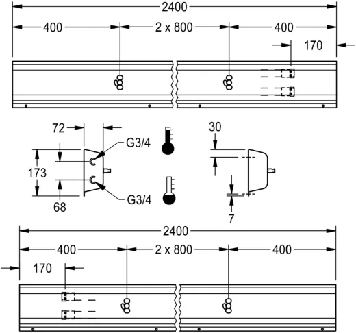 KWC PROFESSIONAL Armatureneinheit AQFU0227 fr die Wandmontage fr 3 Waschpltze Breite Waschplatz 800mm (Lnge 2400mm)