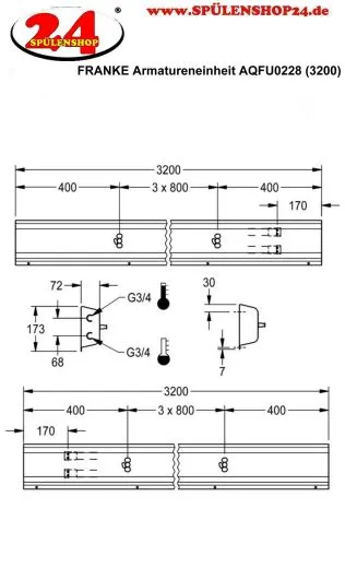 KWC PROFESSIONAL Armatureneinheit AQFU0228 fr die Wandmontage fr 4 Waschpltze Breite Waschplatz 800mm (Lnge 3200mm)