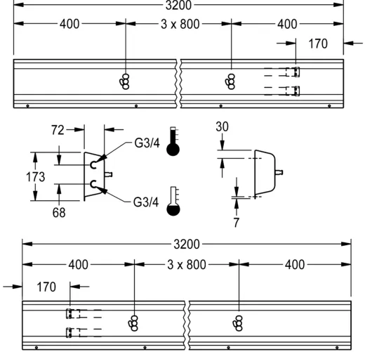 KWC PROFESSIONAL Armatureneinheit AQFU0228 fr die Wandmontage fr 4 Waschpltze Breite Waschplatz 800mm (Lnge 3200mm)