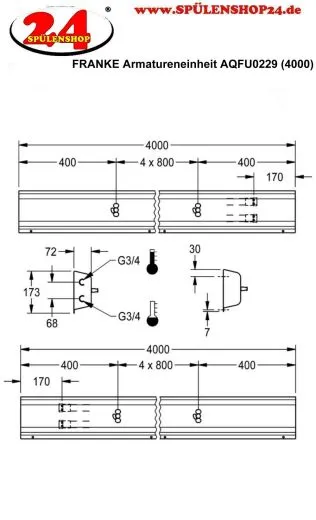 KWC PROFESSIONAL Armatureneinheit AQFU0229 fr die Wandmontage fr 5 Waschpltze Breite Waschplatz 800mm (Lnge 4000mm)