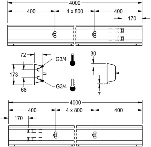 KWC PROFESSIONAL Armatureneinheit AQFU0229 fr die Wandmontage fr 5 Waschpltze Breite Waschplatz 800mm (Lnge 4000mm)