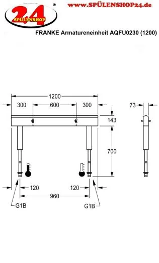 KWC PROFESSIONAL Armatureneinheit AQFU0230 fr doppelreihige Waschanlagen fr 4 Waschpltze Breite Waschplatz 600mm (Lnge 1200mm)