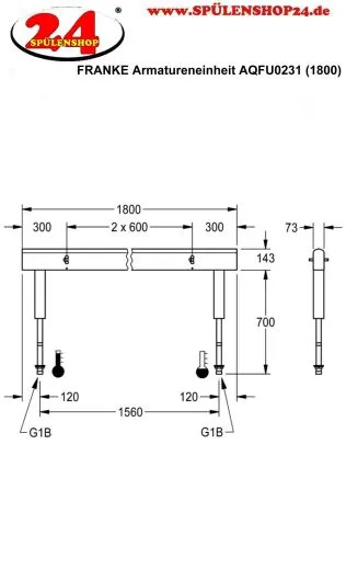 KWC PROFESSIONAL Armatureneinheit AQFU0231 fr doppelreihige Waschanlagen fr 6 Waschpltze Breite Waschplatz 600mm (Lnge 1800mm)